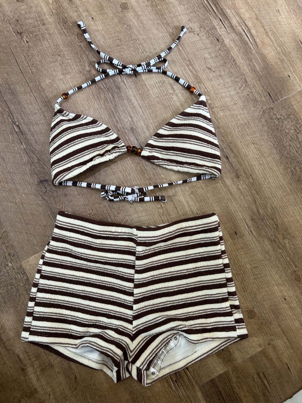 Striped Brown & Cream Women’s Two-Piece Swim Set